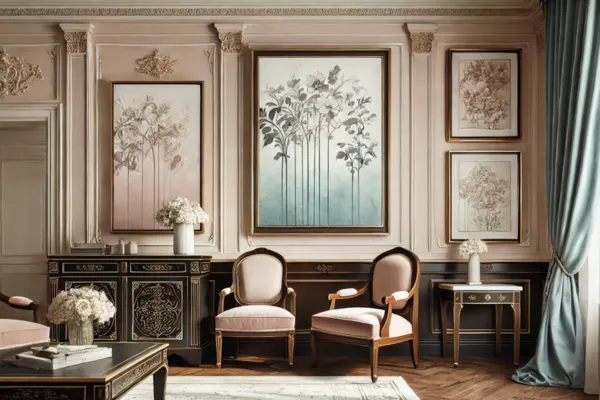 Use contrastes discretos entre tons pastel e móveis escuros para adicionar elegância em ambientes clássicos